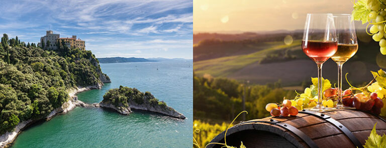 Kyststripe og vinglass på vintønner