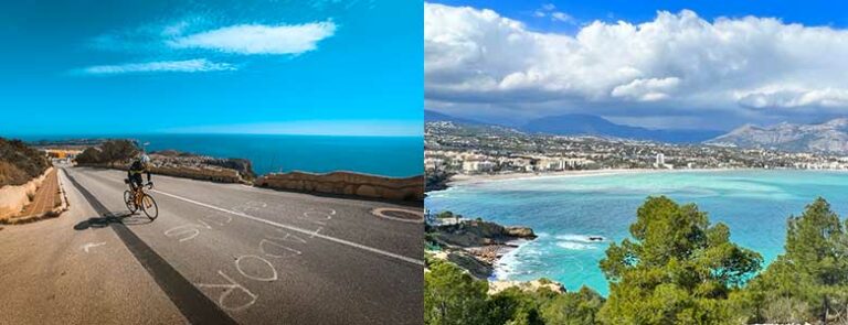 Syklist på vei oppover i fjellet og utsikt fra Calpeklippen