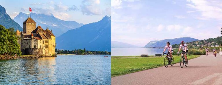 Slott og syklister langs innsjø i Frankrike