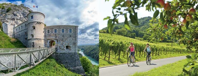 Borg og syklister langs vinranker