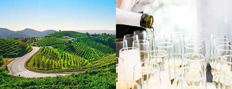 Prosecco og byen Guia i Prosecco-distriktet i Italia