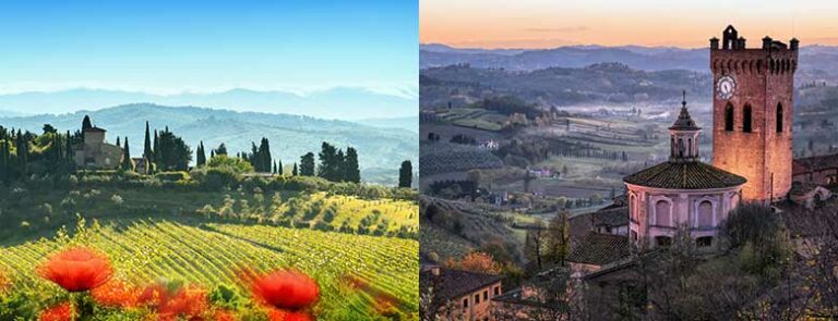 Vinranker og kirke i Toscana