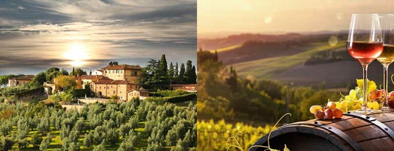 Toskansk natur og vinglass på vintønne