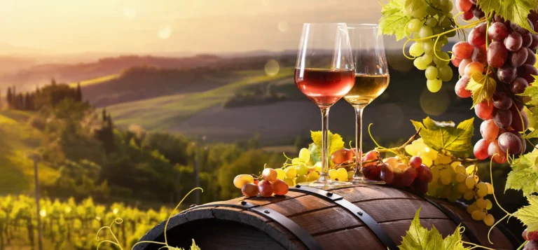 Vinglass på vintønne i toskansk natur