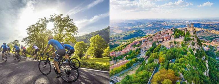 Slottet i San Marino samt syklister i solnedgang