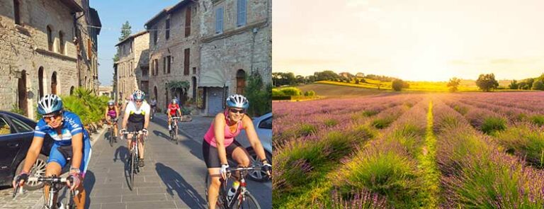 Syklister og blomstereng ved byen Corinaldo i Italia
