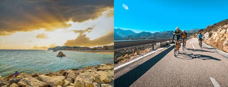 Kysten langs Adriaterhavet og syklister i fjellet