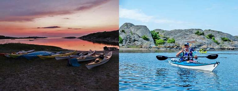 Solnedgang og tommel opp på kajakkpadling rundt Kosterøyene i Sverige